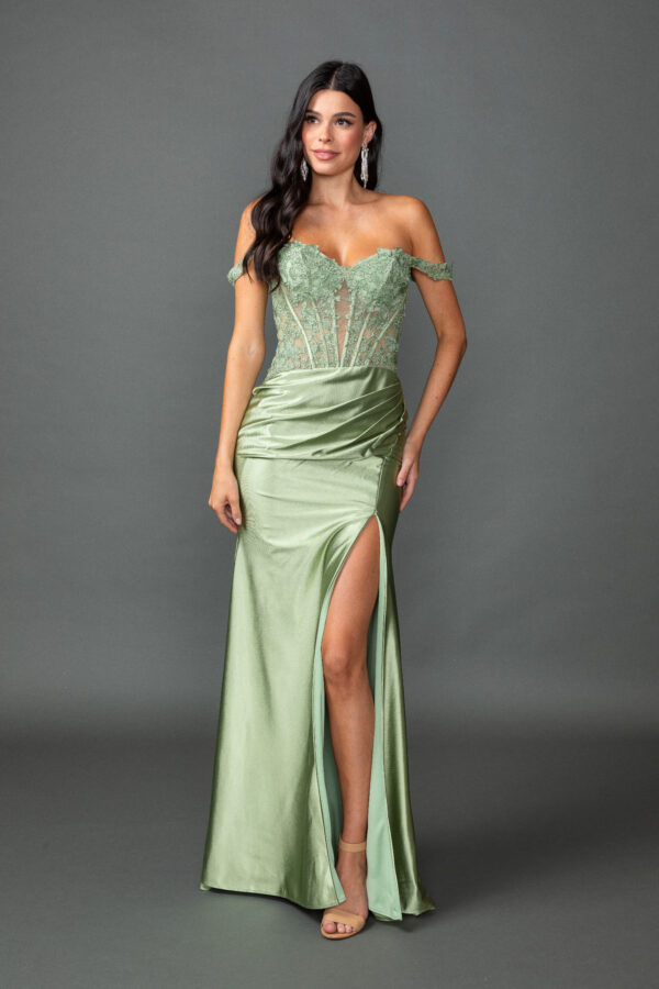 Off-the-Shoulder Sweetheart Lace Corset Sheath Dress with Draped Slit Skirt