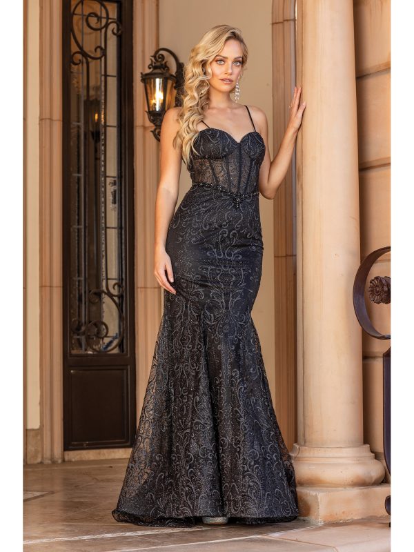 Sweetheart Sleeveless Glitter Swirl Mermaid Prom Dress with Flared Train
