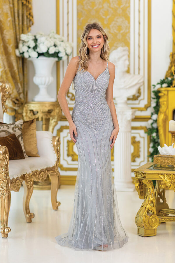 Sleeveless V-Neck Geometric Beaded Mermaid Prom Dress with Tulle Skirt Overlay