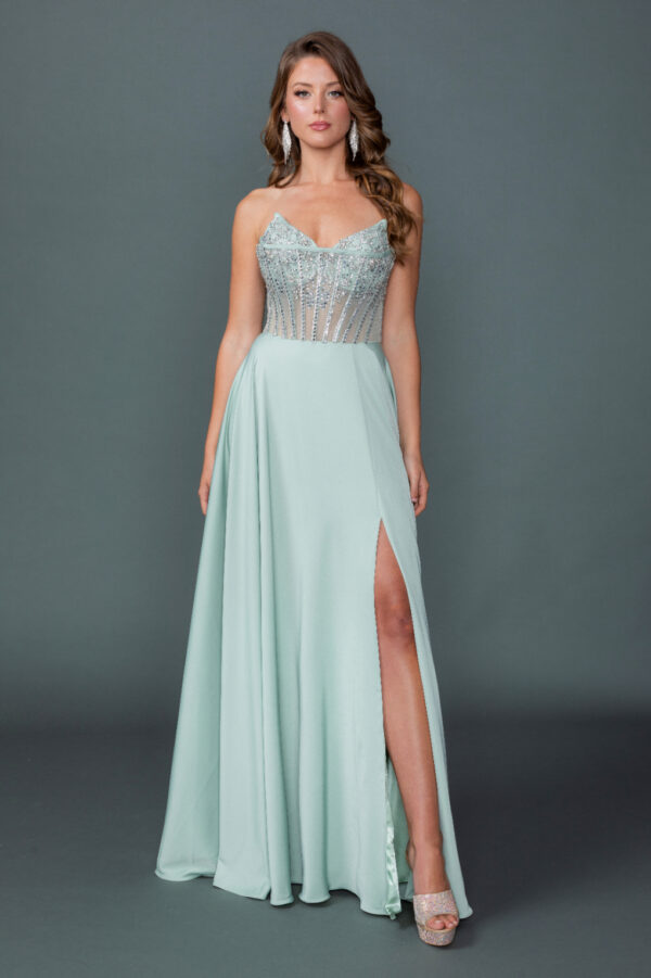 Strapless Sweetheart Beaded Corset A-Line Dress with High Front Slit