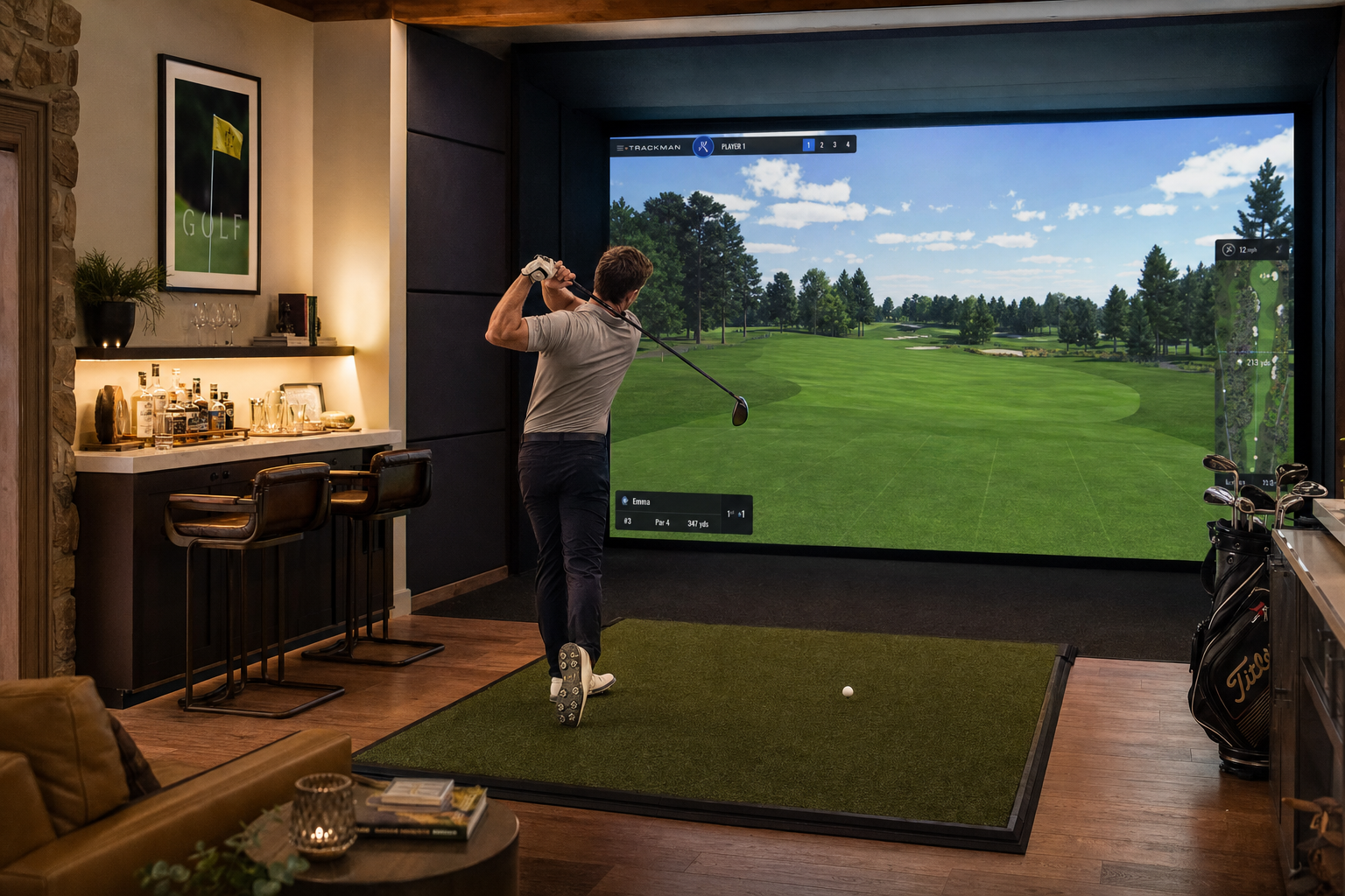 Golfer playing an accurate course recreation on a home golf simulator