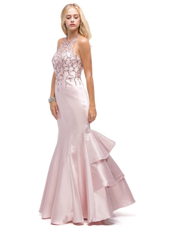 Sleeveless Halter Beaded Bodice Mermaid Prom Dress with Tiered Skirt