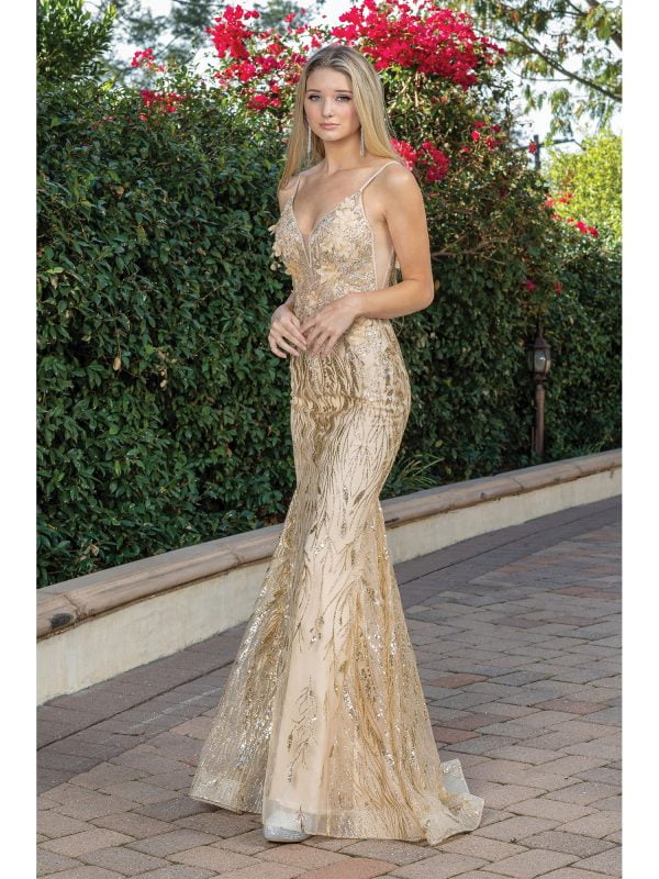 Sleeveless V-Neck Floral Sequined Mermaid Prom Dress with Sweep Train