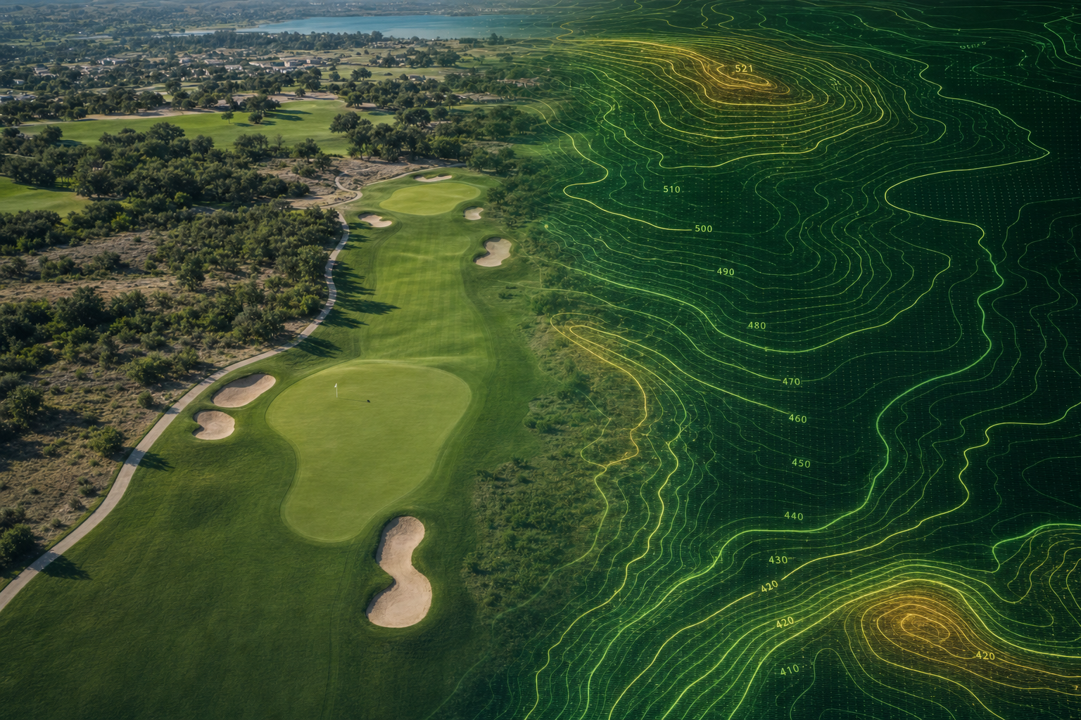 Aerial golf course photo transitioning into a LiDAR elevation contour overlay