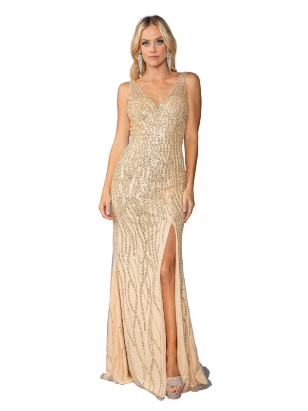 Sleeveless V-Neck All-Over Sequin Sheath Prom Dress with High Slit