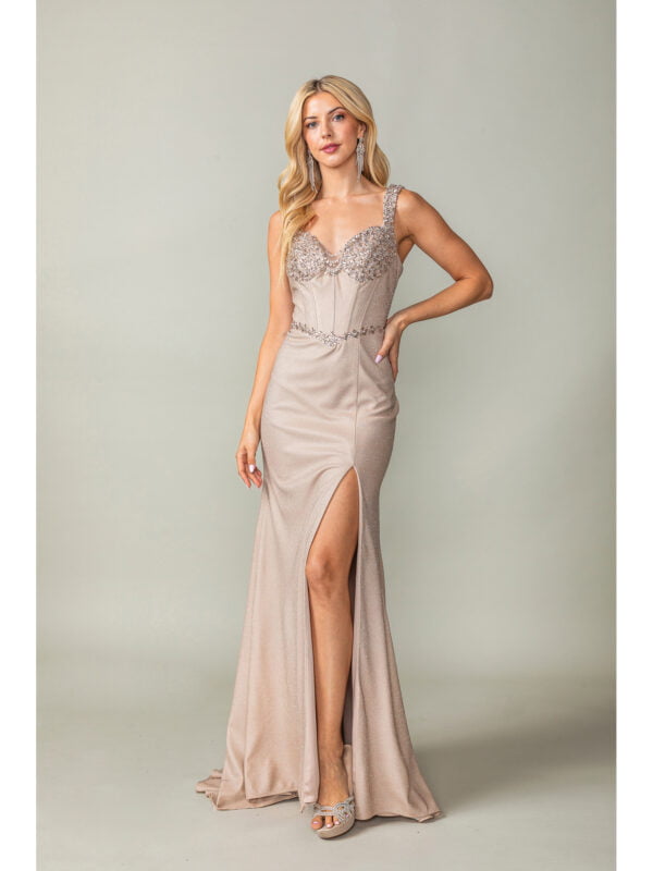 Sleeveless Sweetheart Corset Sheath Prom Dress with Beaded Bodice and Slit