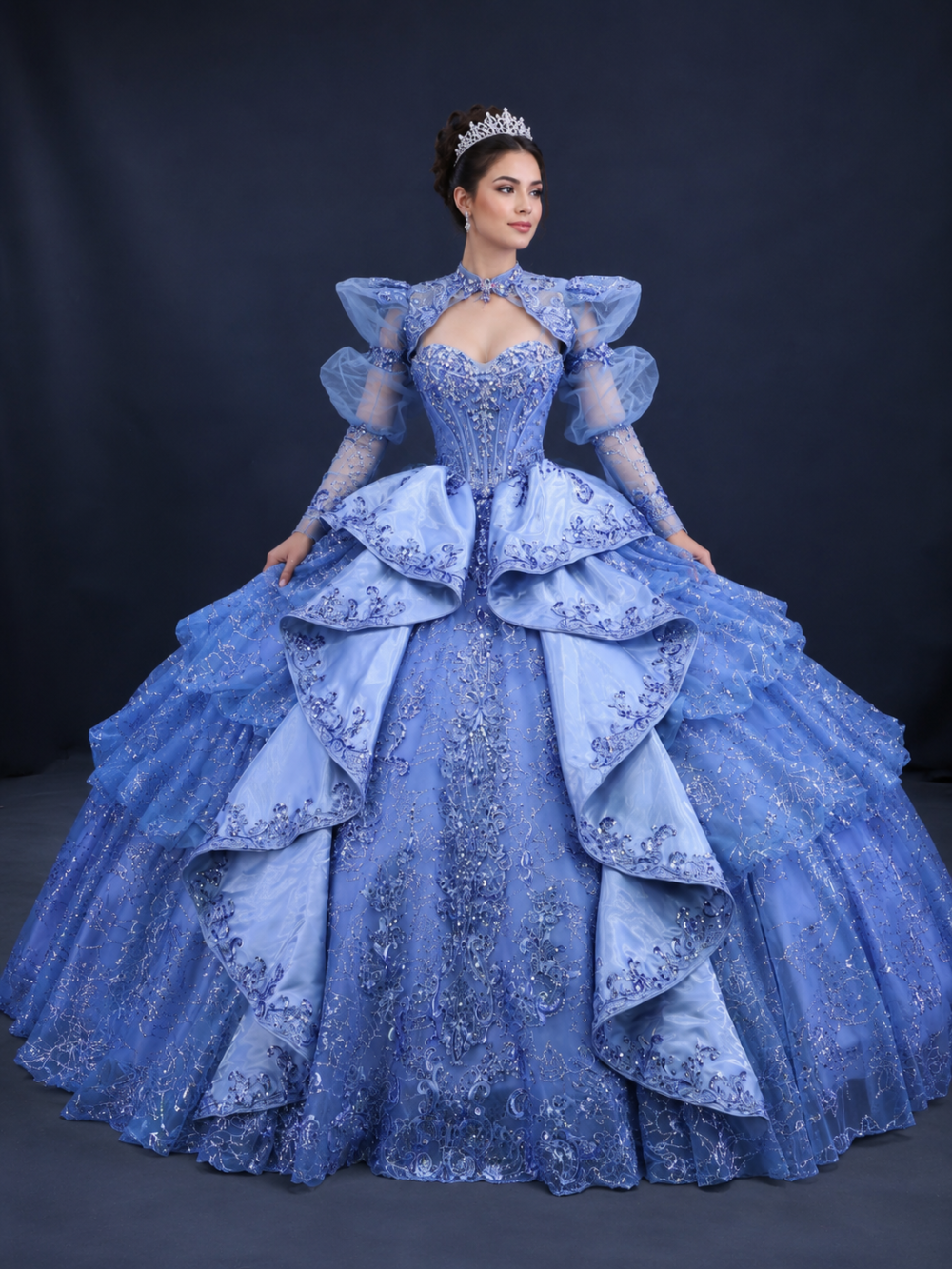 High-Neck Puff Sleeve Quinceanera Ball Gown with Cape