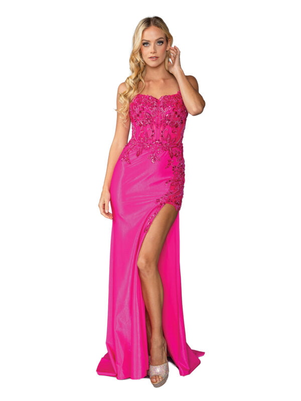Sleeveless Beaded Bodice Sheath Prom Dress with Slit Skirt