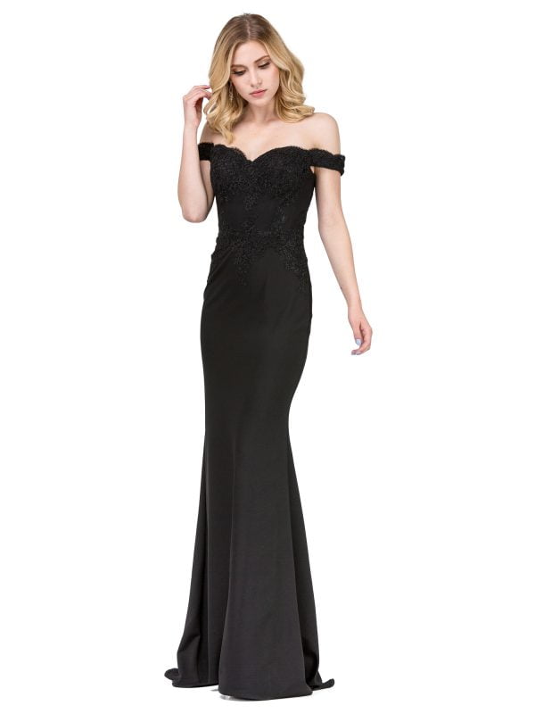 Off-the-Shoulder Lace Applique Trumpet Prom Dress with Fitted Skirt