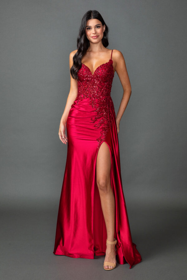Spaghetti Strap Beaded Lace Prom Dress with Draped Slit Skirt