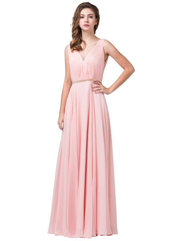 Sleeveless V-Neck A-Line Prom Dress with Beaded Waist and Flowy Skirt