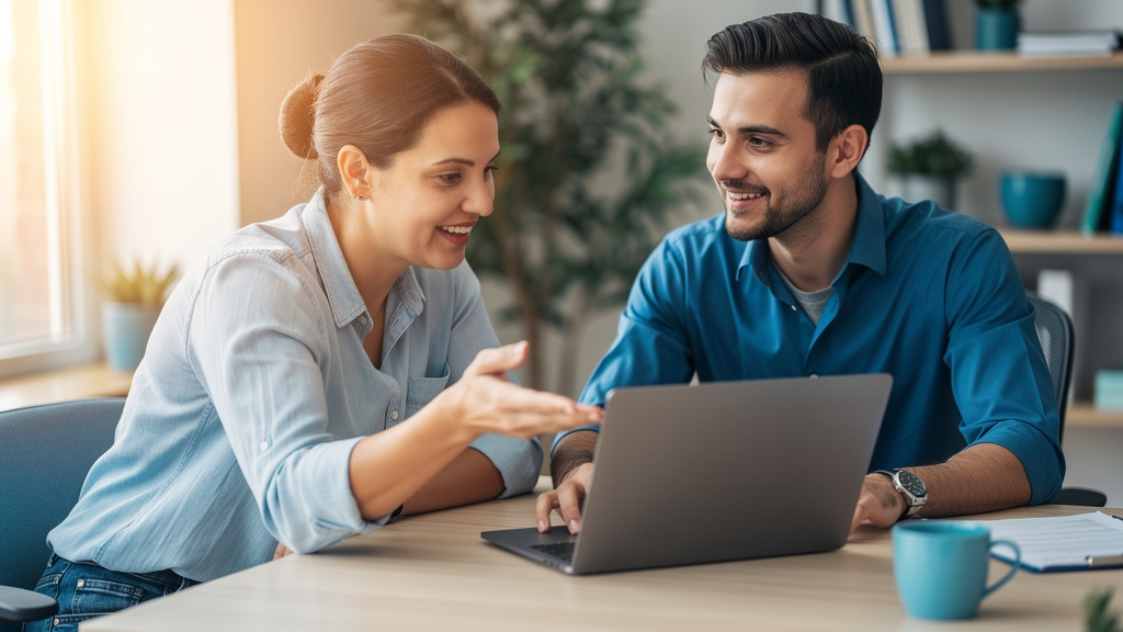 Small business owner and web developer collaborating on a website project, warm office setting