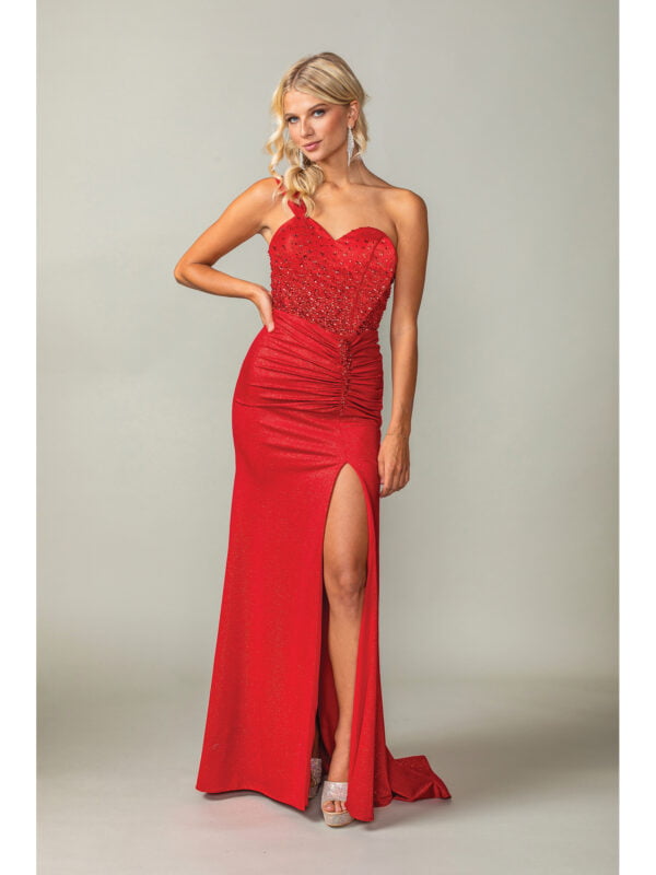 One-Shoulder Beaded Bodice Sheath Prom Dress with High Slit