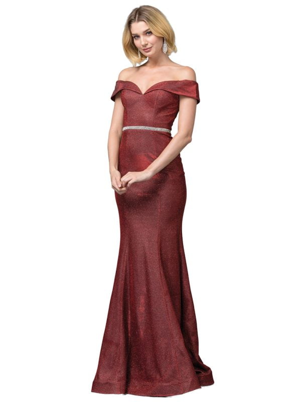 Off-The-Shoulder Sweetheart Metallic Mermaid Prom Dress with Beaded Waistband
