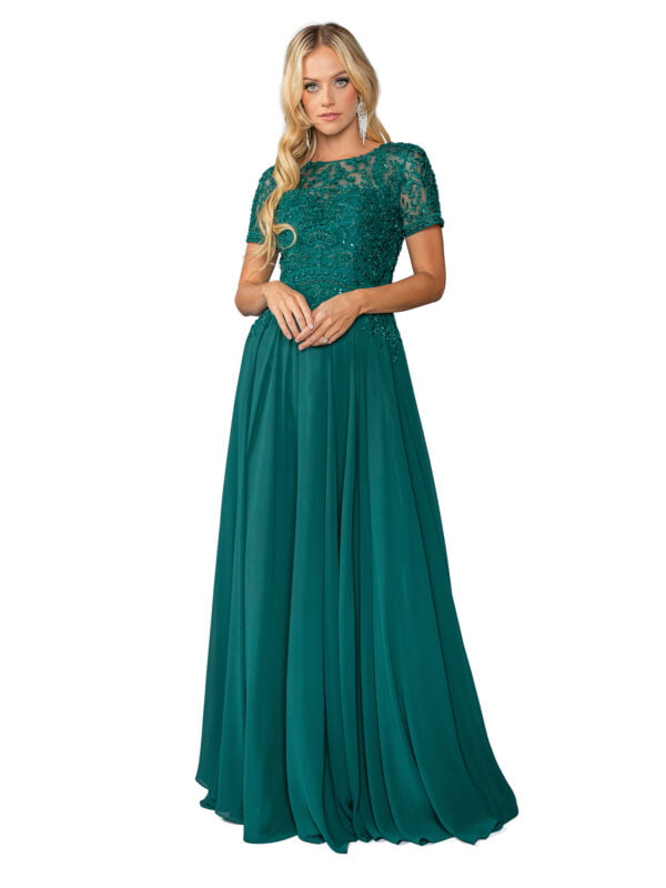 Short Sleeve Beaded Lace Illusion A-Line Prom Dress with Pleated Skirt