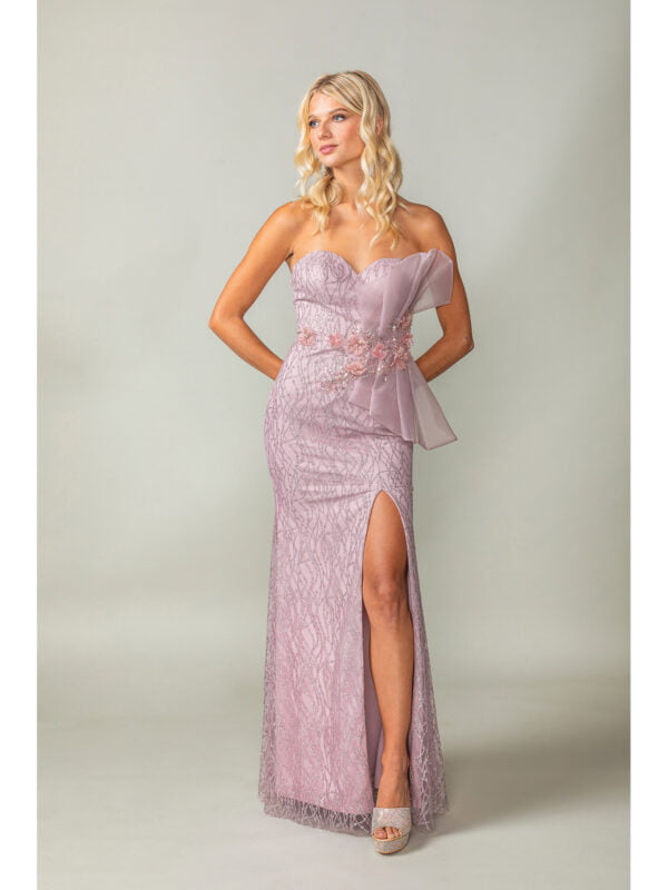 Strapless Sweetheart Lace Sheath Prom Dress with 3D Floral Drape