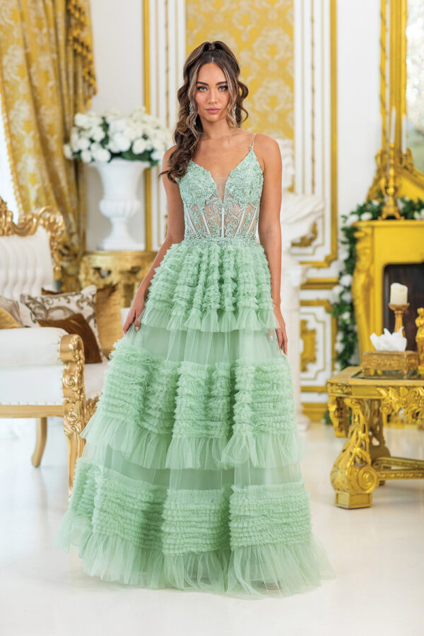 Mint Sleeveless Lace Corset A-Line Prom Dress with Tiered Ruffles