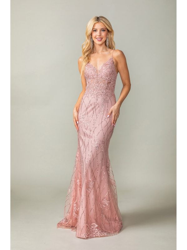 Sleeveless Sequin Floral Lace Mermaid Prom Dress with Sheer Bodice