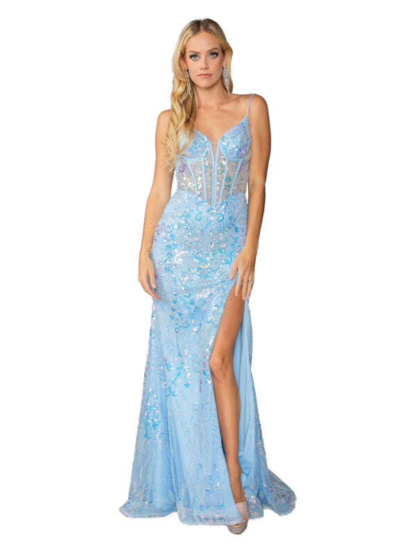 Sequined Floral Applique Gown with Cap Sleeves