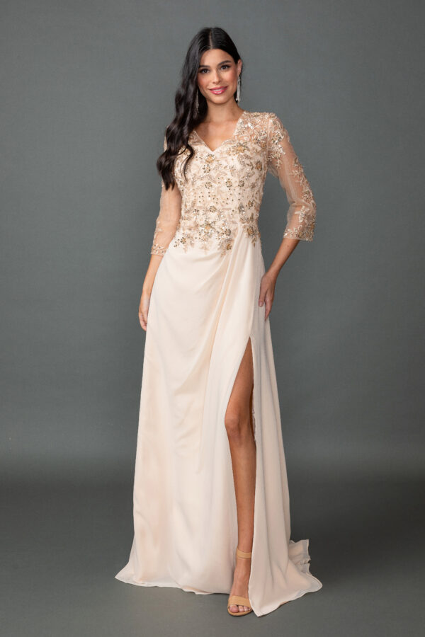 Three-Quarter Sleeve V-Neck Beaded Floral A-Line Dress with Slit Skirt