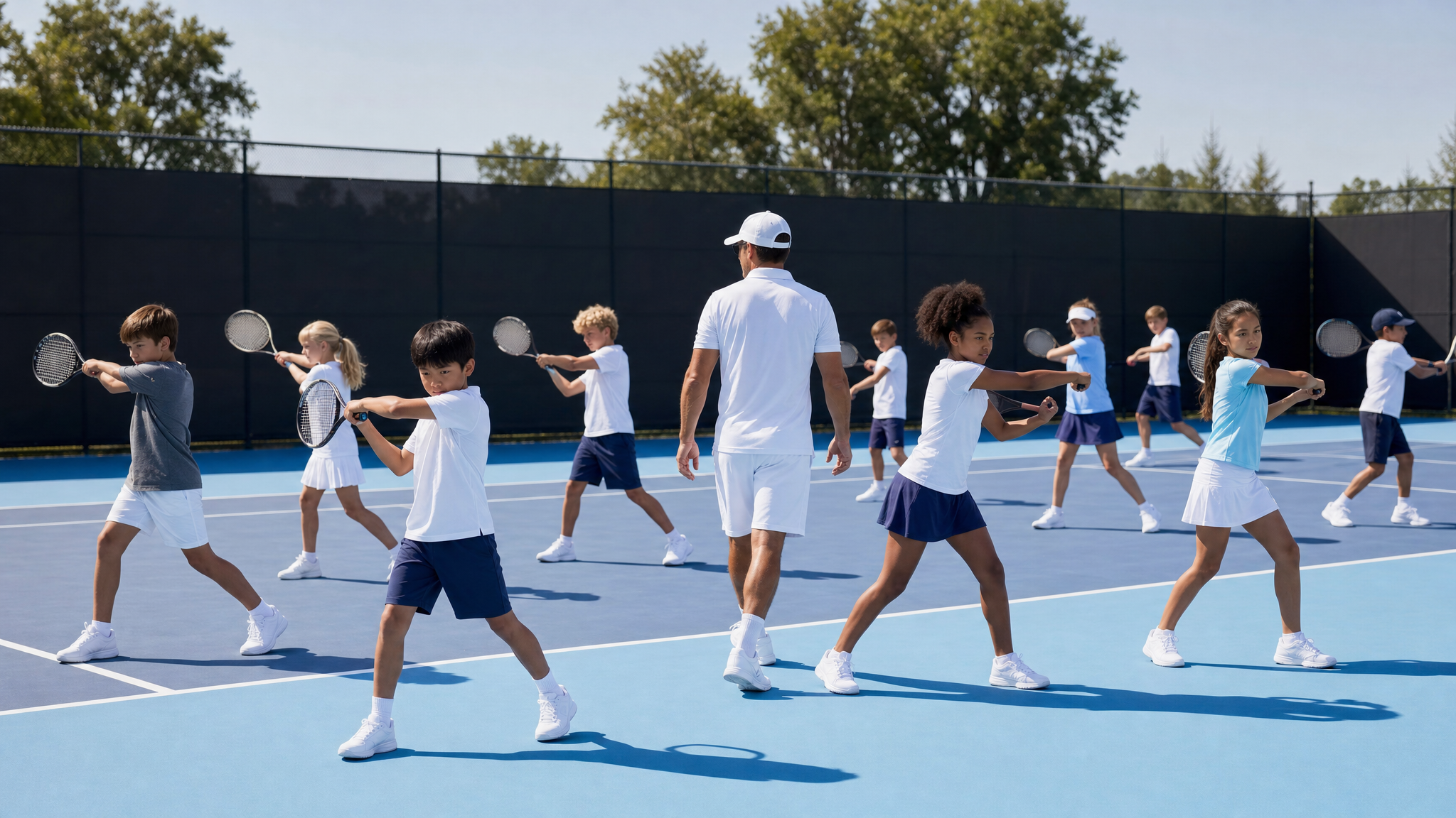 Group tennis class of kids practicing forehands with a coach on a blue court