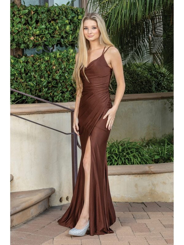 Spaghetti Strap V-Neck Ruched Mermaid Prom Dress with Draped Slit Skirt