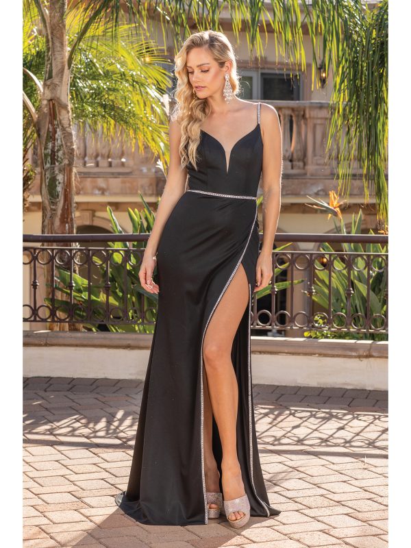 Spaghetti Strap V-Neck Sheath Prom Dress with Beaded Trim and Slit