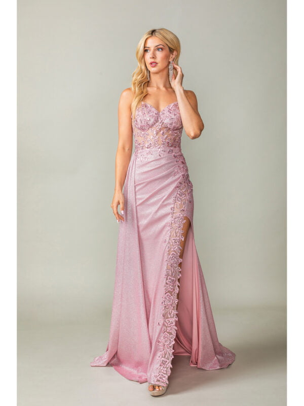 Sleeveless Floral Lace Applique Sheath Prom Dress with Draped Slit Skirt