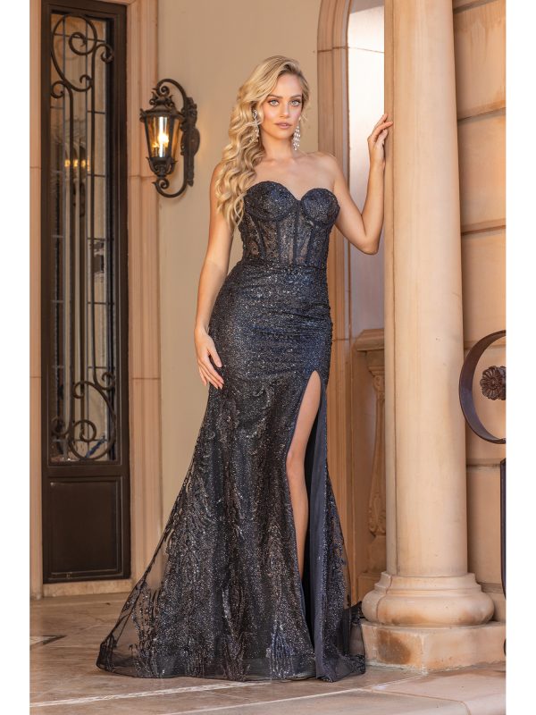 Strapless Sweetheart Sequin Sheath Prom Dress with Sheer Corset and Slit