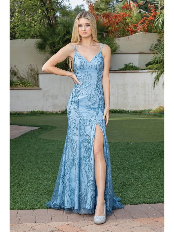 Spaghetti Strap V-Neck Glitter Mermaid Prom Dress with Slit and Train