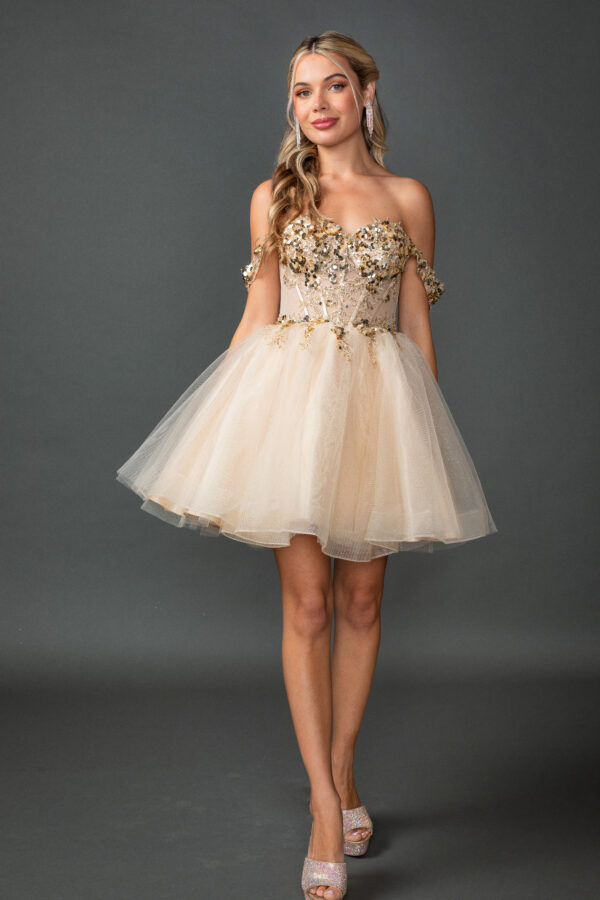 Off-Shoulder Sequined Corset Homecoming Dress with Glitter Accents (Style 3436)