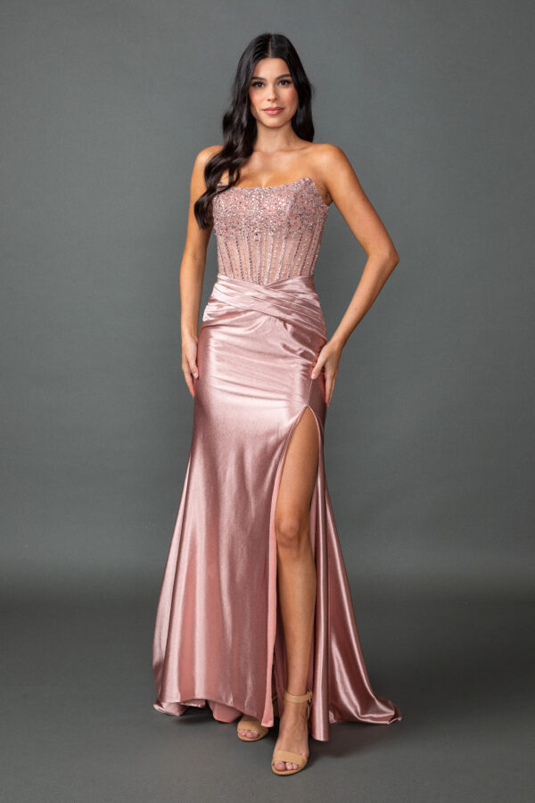 Strapless Straight Neck Beaded Corset Sheath Dress with Slit Skirt