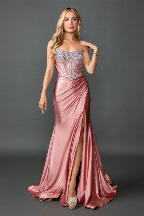 Strapless Jeweled Corset Trumpet Prom Dress with Draped Slit Skirt