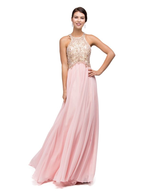 Sleeveless Beaded Halter A-Line Prom Dress with Flowy Gathered Skirt