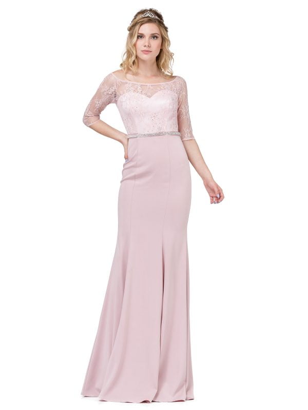 Half-Sleeve Lace Bodice Trumpet Prom Dress with Beaded Waist Detail