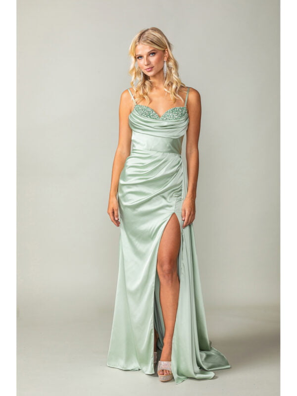 Spaghetti Strap Draped Sweetheart Beaded Sheath Prom Dress with Slit