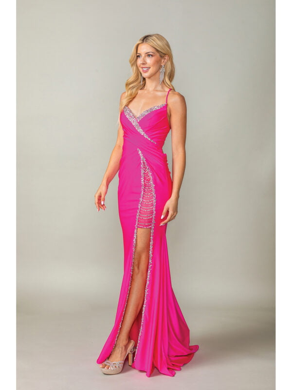 Sleeveless V-Neck Ruched Sheath Prom Dress with Beaded Trim and Slit