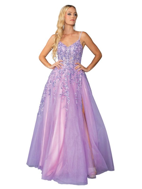 Sleeveless V-Neck Floral Appliqué A-Line Prom Dress with Slit Tulle Skirt