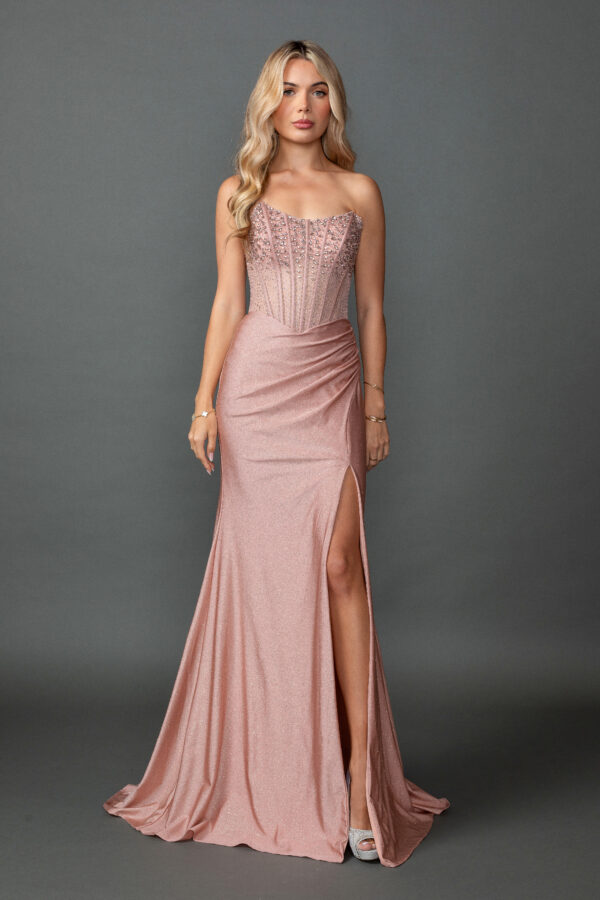 Strapless Beaded Corset Sheath Prom Dress with Draped Slit Skirt