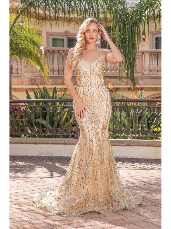 Sleeveless V-Neck Sequin Mermaid Prom Dress with Sweep Train