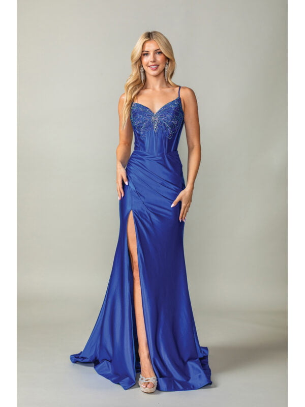 Sleeveless Beaded Butterfly Sheath Prom Dress with High Slit Skirt