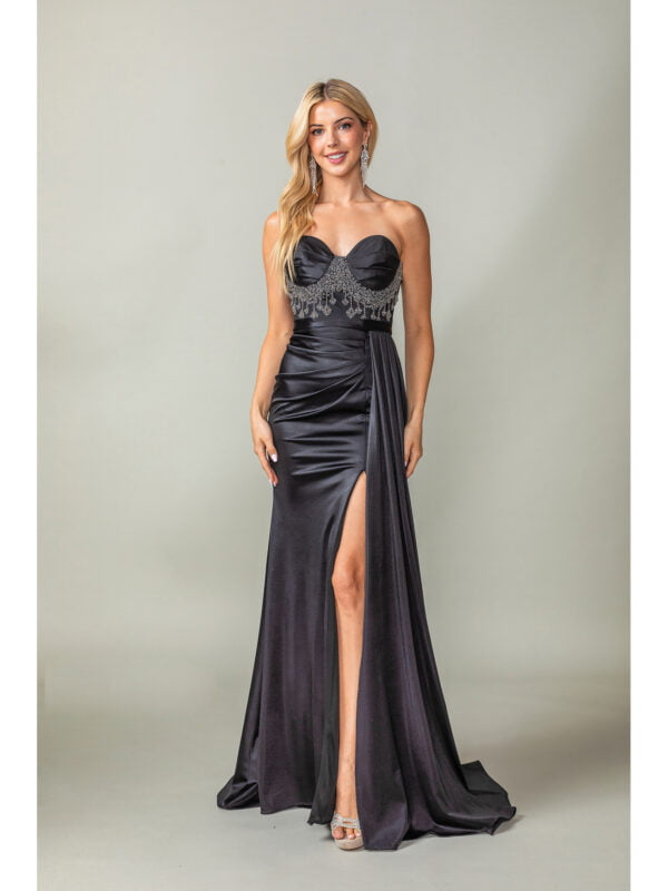 Strapless Sweetheart Beaded Sheath Prom Dress with Draped Slit Skirt