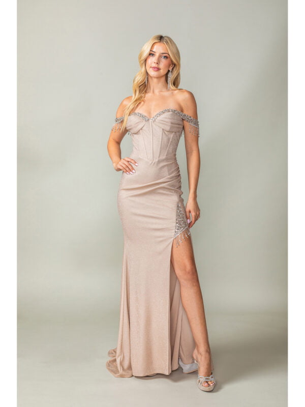 Off-the-Shoulder Corset Sheath Prom Dress with Beaded Fringe and High Slit