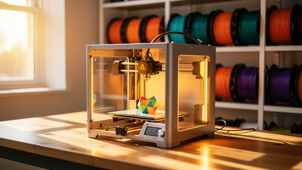A 3D printer printing in a warm workshop