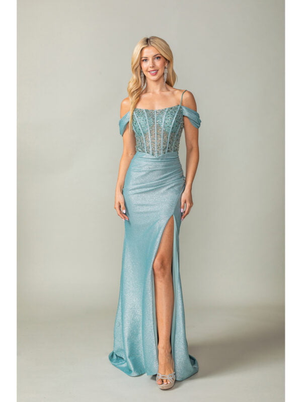 Cold Shoulder Sheath Prom Dress with Beaded Corset Bodice and Slit