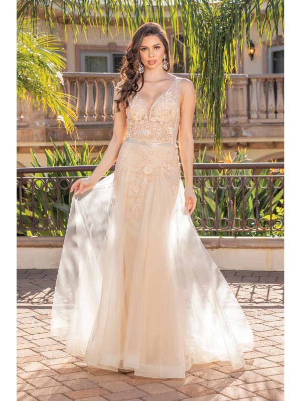 Sleeveless V-Neck Floral Lace Sheath Prom Dress with Sheer A-Line Overskirt
