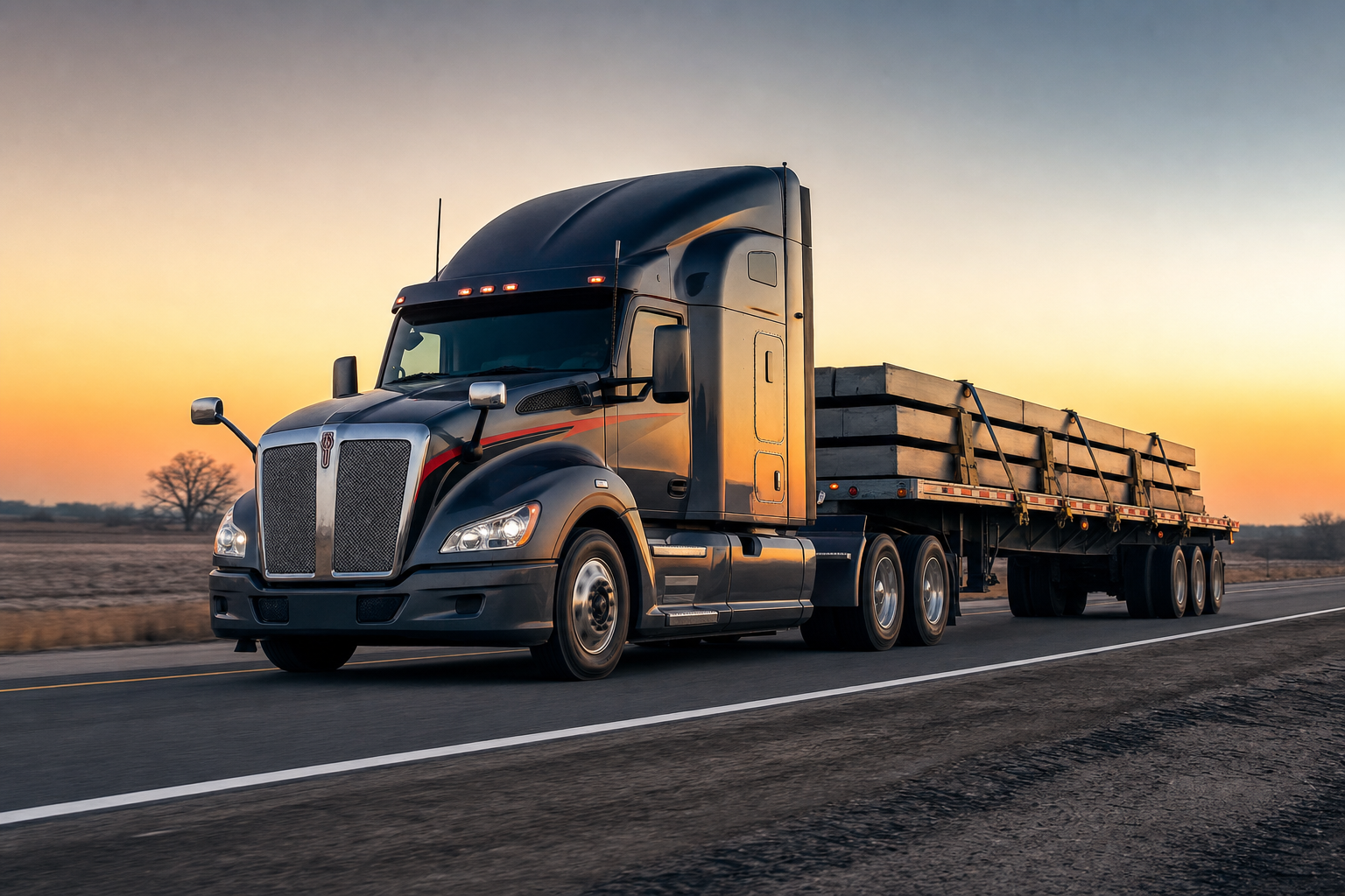 Flatbed owner-operator hauling freight on the highway at sunrise