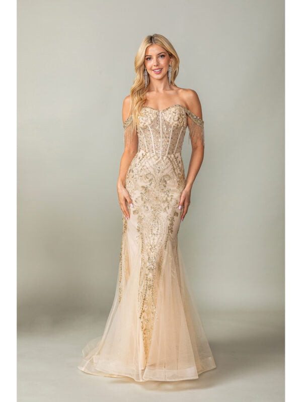 Off-the-Shoulder Beaded Fringe Mermaid Prom Dress with Flared Tulle Skirt