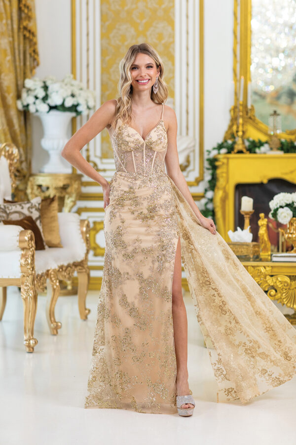 Sleeveless Sweetheart Floral Glitter Sheath Prom Dress with Sheer Overskirt