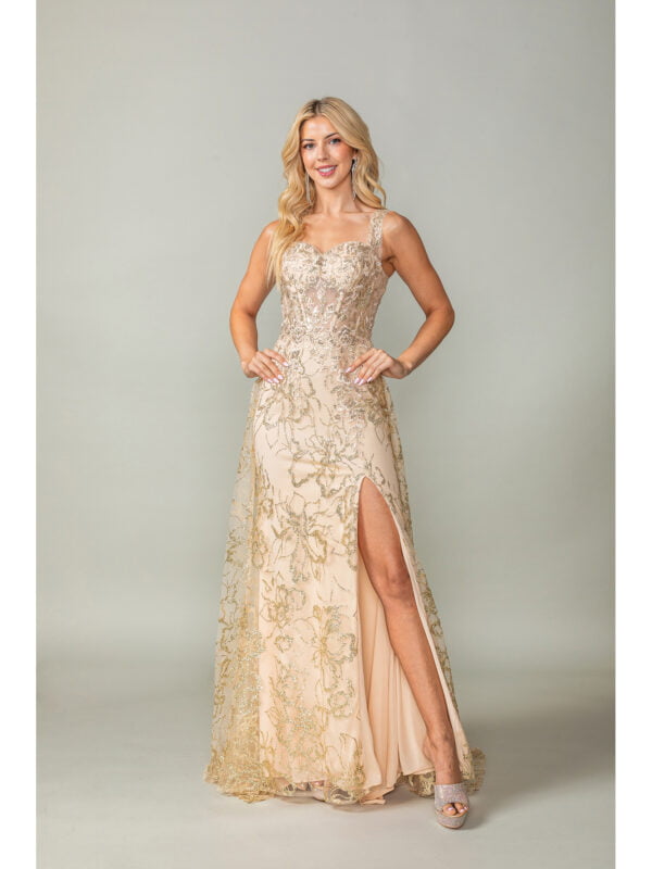 Sleeveless Sweetheart Floral Lace A-Line Prom Dress with Slit Skirt